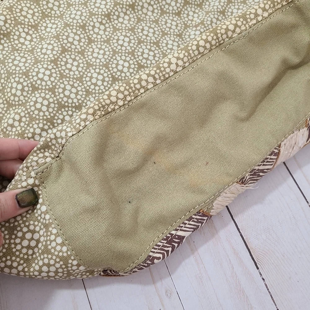 Vintage Fossil beaded canvas bag floral raffia sage green large